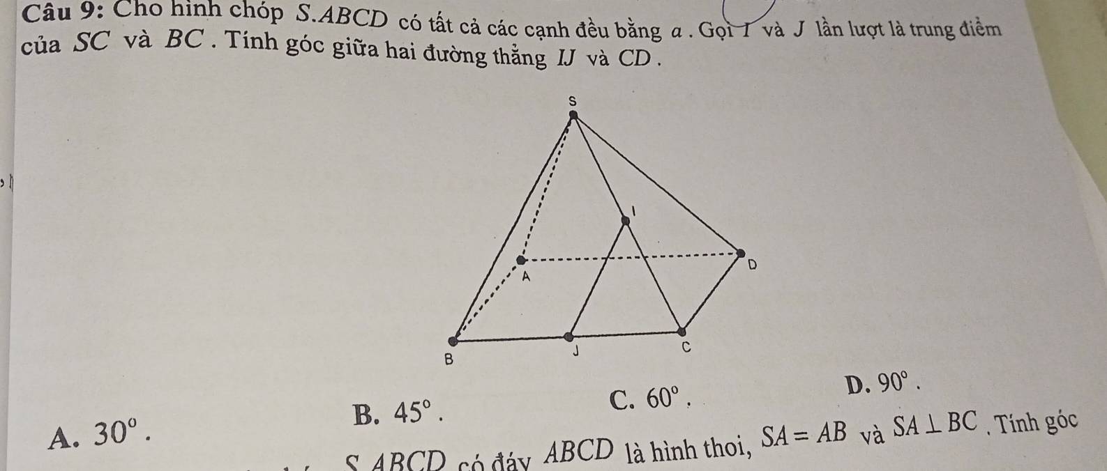 Cho hình chóp S. ABCD có tất cả các cạnh đều bằng a. Gọi 7 và J lần lượt là trung điểm
của SC và BC. Tính góc giữa hai đường thằng IJ và CD.
B. 45°.
C. 60°.
D. 90°.
A. 30°. SA=AB và SA⊥ BC. Tính góc
S ABCD có đáy ABCD là hình thoi,