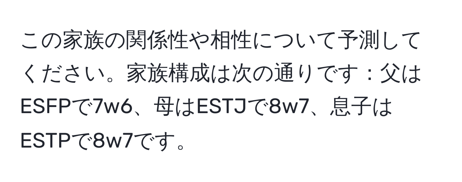 この家族の関係性や相性について予測してください。家族構成は次の通りです：父はESFPで7w6、母はESTJで8w7、息子はESTPで8w7です。