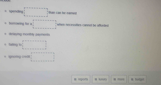 ncidde
。 spending □ than can be earned
borrowing for a □ when necessities cannot be afforded
delaying monthly payments
failing to □
ignoring credit □ 
:: reports # luxury more budget