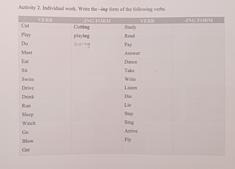 Activity 2. Individual work. Write the-ing form of the following verbs.