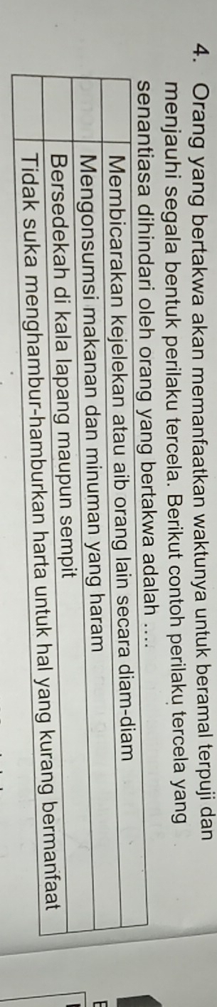 Orang yang bertakwa akan memanfaatkan waktunya untuk beramal terpuji dan 
menjauhi segala bentuk perilaku tercela. Berikut contoh perilaku tercela yang 
senantiasa dihindari oleh orang yang bertakwa adalah ....