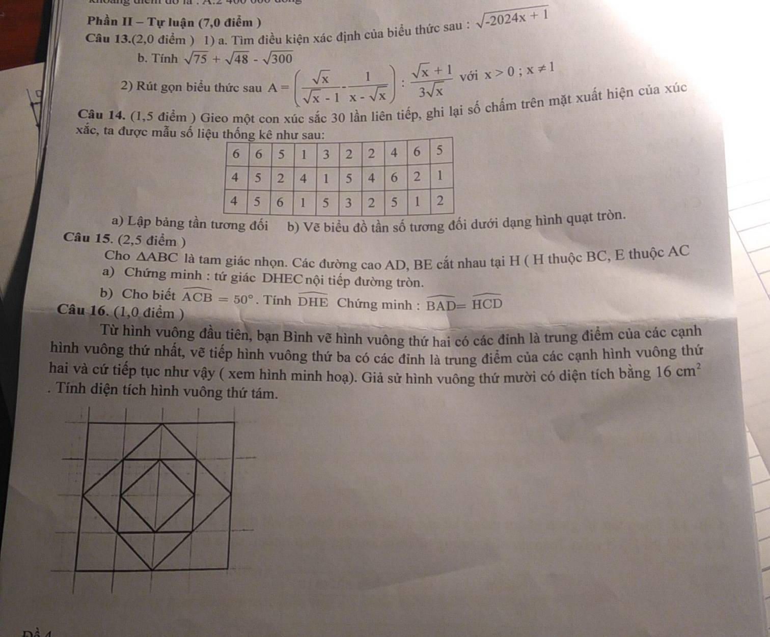 Phần II - Tự luận (7,0 điểm ) 
Câu 13.(2,0 điểm ) 1) a. Tìm điều kiện xác định của biểu thức sau : sqrt(-2024x+1)
b. Tính sqrt(75)+sqrt(48)-sqrt(300)
2) Rút gọn biểu thức sau A=( sqrt(x)/sqrt(x)-1 - 1/x-sqrt(x) ): (sqrt(x)+1)/3sqrt(x)  với x>0; x!= 1
Câu 14. (1,5 điểm ) Gieo một con xúc sắc 30 lần liên tiếp, ghi lại số chẩm trên mặt xuất hiện của xúc 
xắc, ta được mẫu số li 
a) Lập bảng tần tương đối b) Vẽ biểu đồ tần số tương đối dưới dạng hình quạt tròn. 
Câu 15. (2,5 điểm ) 
Cho △ ABC là tam giác nhọn. Các đường cao AD, BE cắt nhau tại H ( H thuộc BC, E thuộc AC
a) Chứng minh : tứ giác DHEC nội tiếp đường tròn. 
b) Cho biết widehat ACB=50°. Tính widehat DHE Chứng minh : widehat BAD=widehat HCD
Câu 16. (1,0 điểm ) 
Từ hình vuông đầu tiên, bạn Bình vẽ hình vuông thứ hai có các đỉnh là trung điểm của các cạnh 
hình vuông thứ nhất, vẽ tiếp hình vuông thứ ba có các đỉnh là trung điểm của các cạnh hình vuông thứ 
hai và cứ tiếp tục như vậy ( xem hình minh hoạ). Giả sử hình vuông thứ mười có diện tích bằng 16cm^2. Tính diện tích hình vuông thứ tám.