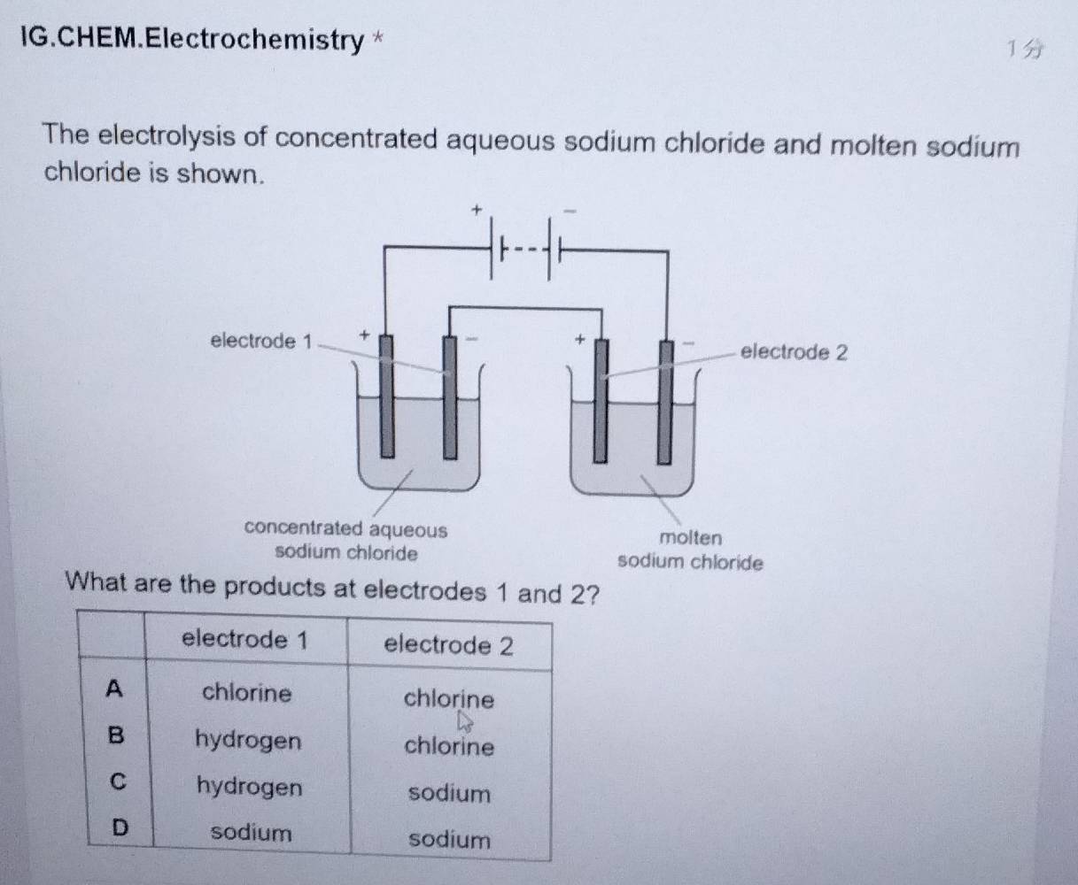 IG.CHEM.Electrochemistry * 1
The electrolysis of concentrated aqueous sodium chloride and molten sodium
chloride is shown.
What are the products at electrodes 1 and 2?
electrode 1 electrode 2
A chlorine chlorine
B hydrogen chlorine
C hydrogen sodium
D sodium sodium