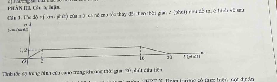 ) hương sai của mâu số n 
PHÀN III. Câu tự luận. 
Câu 1. Tốc độ v( km/phút) của một ca nô cao tốc thay đổi theo thời gian t (phút) như đồ thị ở hình vẽ sau 
Tính tốc độ trung bình của cano trong khoảng thời gian 20 phút đầu tiên. 
ừng THPT X Đoàn trường có thực hiện một dư án