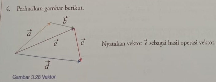 Perhatikan gambar berikut.
Nyatakan vektor vector e sebagai hasil operasi vektor.
Gambar 3.28 Vektor