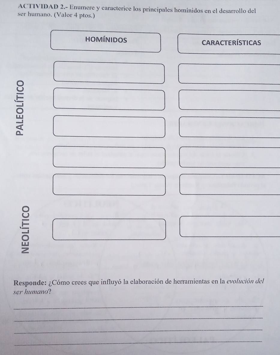 ACTIVIDAD 2.- Enumere y caracterice los principales homínidos en el desarrollo del 
ser humano. (Valor 4 ptos.) 
hOMÍNIDOS 
CARACTERÍSTICAS 
5 
Responde: ¿Cómo crees que influyó la elaboración de herramientas en la evolución del 
ser humano? 
_ 
_ 
_ 
_