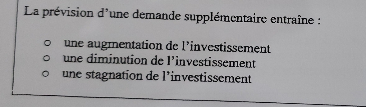 La prévision d'une demande supplémentaire entraîne :
une augmentation de 1^> investissement
une diminution de 1' investissement
une stagnation de 1' investissement