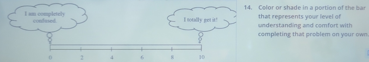 Color or shade in a portion of the bar 
I am completely that represents your level of 
confused. I totally get it! 
understanding and comfort with 
completing that problem on your own
0 2 4 6 8 10