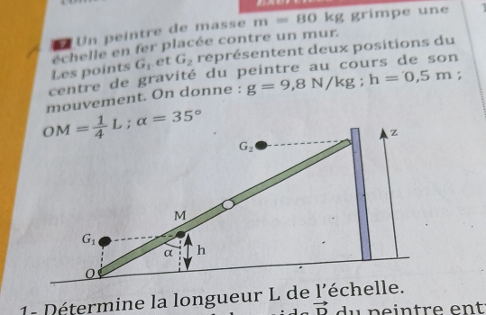 Un peintre de masse m=80kg; grimpe une a
G_1. et G_2 réprésentent deux positions du 
Les points échelle en fer placée contre un mur. 
centre de gravité du peintre au cours de son
OM= 1/4 L; alpha =35° mouvement. On donne : g=9,8N/kg; h=0,5m;
z
G_2
M
G_1
α h
0
1- Détermine la longueur L de 1' échelle.
vector D du p e intre ent