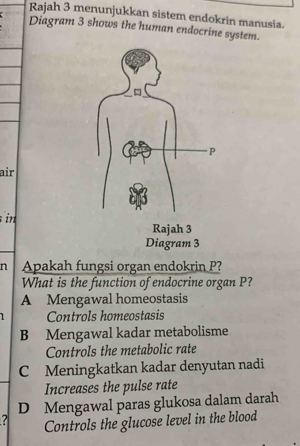 Rajah 3 menunjukkan sistem endokrin manusia.
Diagram 3 shows the human endocrine system.
air
s in
n Apakah fungsi organ endokrin P?
What is the function of endocrine organ P?
A Mengawal homeostasis
1 Controls homeostasis
B Mengawal kadar metabolisme
Controls the metabolic rate
C Meningkatkan kadar denyutan nadi
Increases the pulse rate
D Mengawal paras glukosa dalam darah
?
Controls the glucose level in the blood