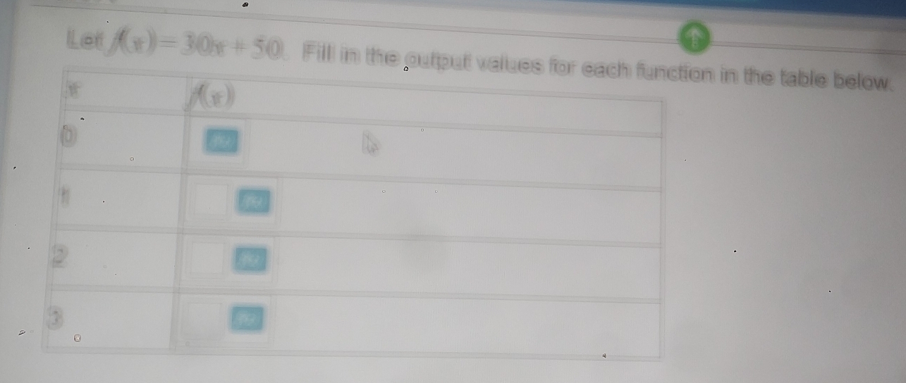 Lef f(x)=30x+50 Fill in the in the table below.