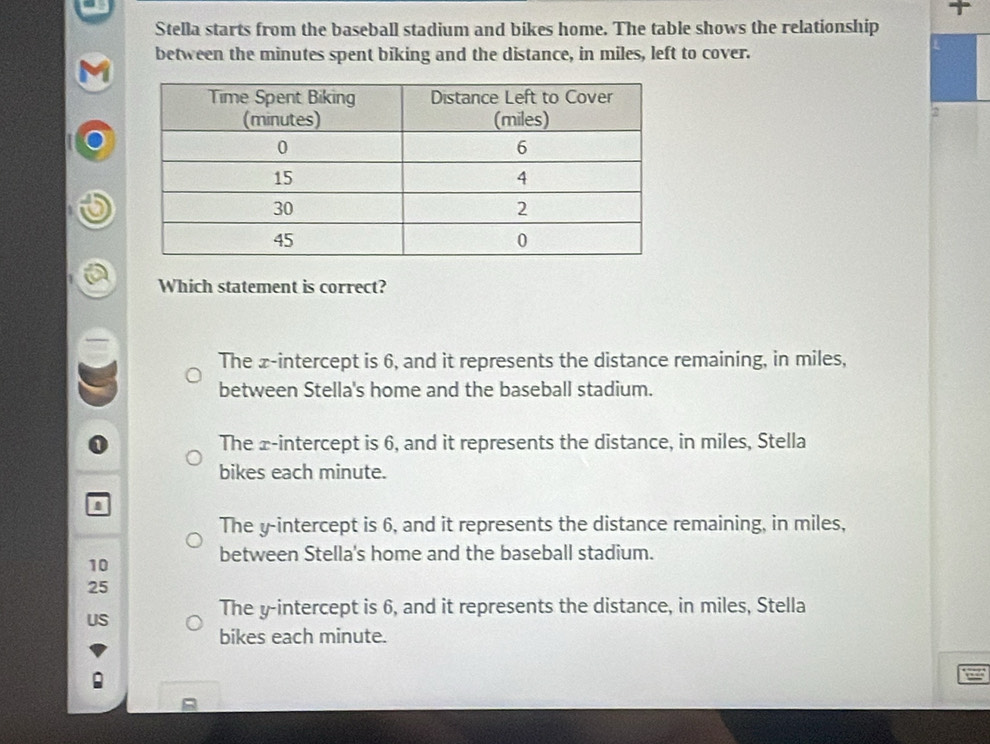 Stella starts from the baseball stadium and bikes home. The table shows the relationship
between the minutes spent biking and the distance, in miles, left to cover.
2
Which statement is correct?
The x-intercept is 6, and it represents the distance remaining, in miles,
between Stella's home and the baseball stadium.
The x-intercept is 6, and it represents the distance, in miles, Stella
bikes each minute.
The y-intercept is 6, and it represents the distance remaining, in miles,
10
between Stella's home and the baseball stadium.
25
US
The y-intercept is 6, and it represents the distance, in miles, Stella
bikes each minute.