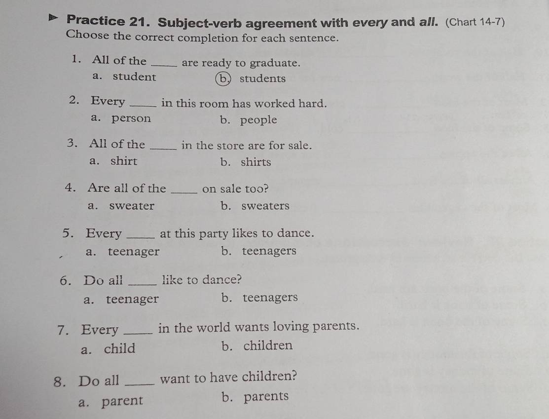 Practice 21. Subject-verb agreement with every and all. (Chart 14-7)
Choose the correct completion for each sentence.
1. All of the _are ready to graduate.
a. student b students
2. Every _in this room has worked hard.
a. person b. people
3. All of the _in the store are for sale.
a. shirt b. shirts
4. Are all of the _on sale too?
a. sweater b. sweaters
5. Every _at this party likes to dance.
a. teenager b. teenagers
6. Do all _like to dance?
a. teenager b. teenagers
7. Every_ in the world wants loving parents.
a. child b. children
8. Do all _want to have children?
a. parent b. parents