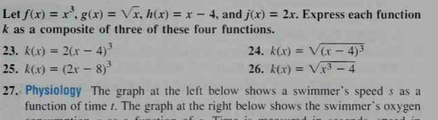 Let f(x)=x^3, g(x)=sqrt(x), h(x)=x-4 , and j(x)=2x. Express each function
k as a composite of three of these four functions. 
23. k(x)=2(x-4)^3 24. k(x)=sqrt((x-4)^3)
25. k(x)=(2x-8)^3 26. k(x)=sqrt(x^3-4)
27. Physiology The graph at the left below shows a swimmer's speed s as a 
function of time t. The graph at the right below shows the swimmer’s oxygen