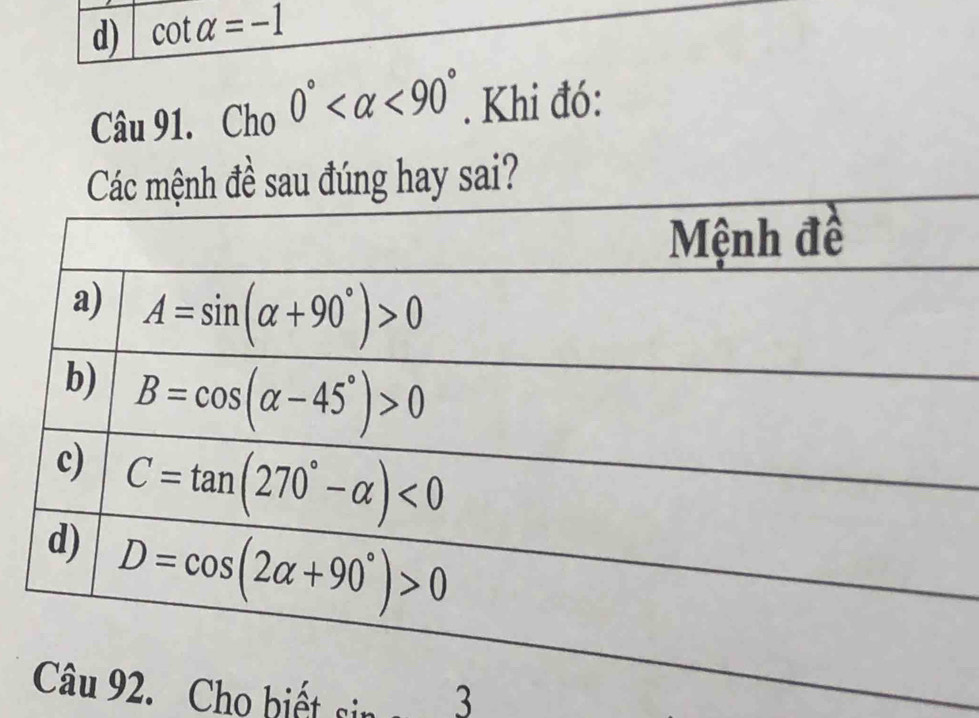 cot alpha =-1
Câu 91. Ch_00° <90°. Khi đó:
hay sai?
Cho biết _ :_ 