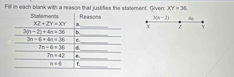 Fill in each blank with a reason that justifies the statement. Given: XY=36.
3(n-2) 4n
x Z Y