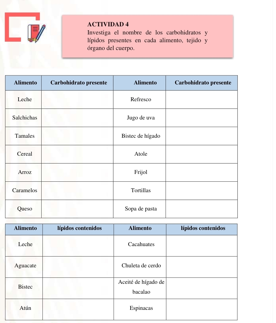 ACTIVIDAD 4 
Investiga el nombre de los carbohidratos y 
lípidos presentes en cada alimento, tejido y 
órgano del cuerpo.