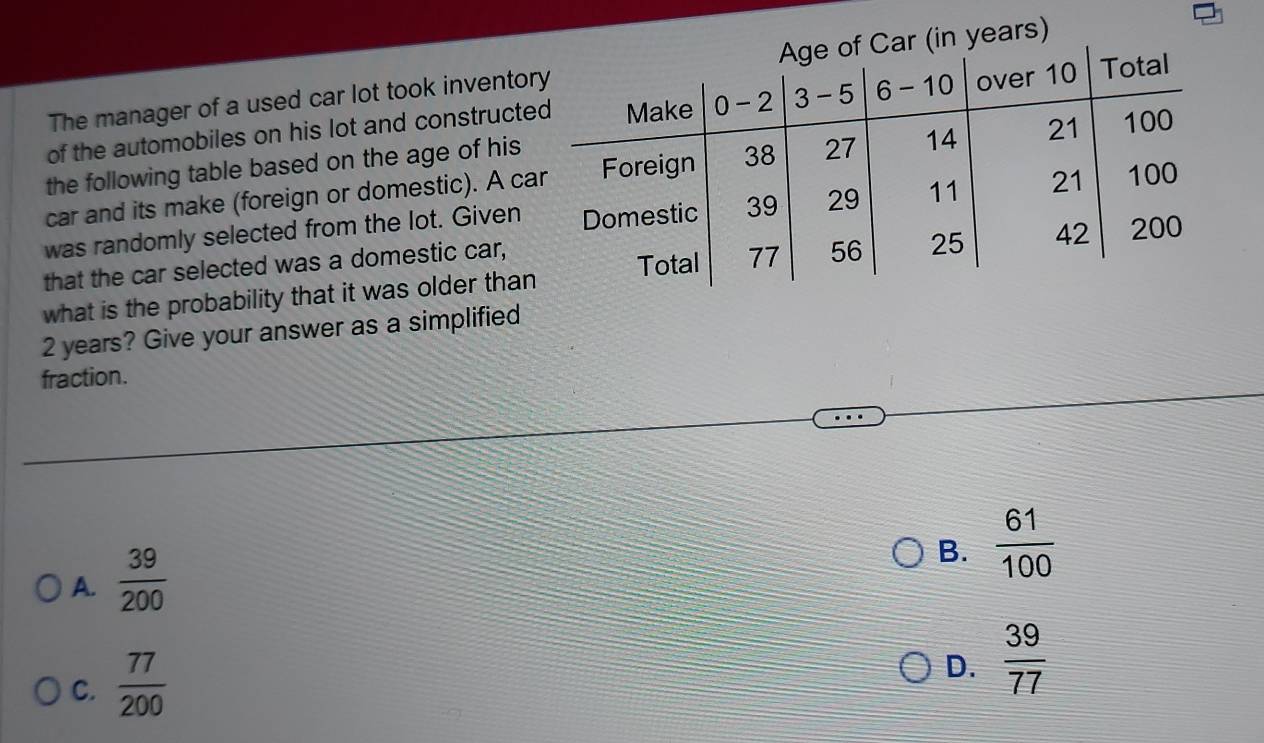 The manager of a used car lot took inventors)
of the automobiles on his lot and construct
the following table based on the age of his
car and its make (foreign or domestic). A c
was randomly selected from the lot. Given
that the car selected was a domestic car,
what is the probability that it was older than
2 years? Give your answer as a simplified
fraction.
A.  39/200 
B.  61/100 
C.  77/200 
D.  39/77 