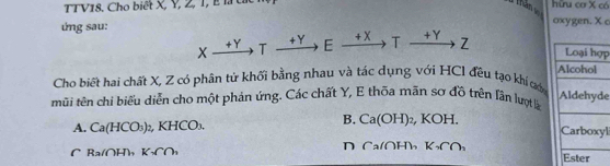 TTV18. Cho biết X, Y, Z, T, l là tác hữu cơ X có
ứng sau:
oxygen. X o
Xxrightarrow +YTxrightarrow +Y Exrightarrow +XTxrightarrow +YZ p
Cho biết hai chất X, 2 có phân tử khối bằng nhau và tác dụng với HCI đều tạo khí co
e
mũi tên chỉ biểu diễn cho một phản ứng. Các chất Y, E thōa mãn sợ đồ trên lân lượt là
B.
A. Ca(HCO_3) , KHCO₃, Ca(OH)_2 , KOH.
yli
C Ba(OH) K(C) D Ca(OH) K_2CO_3