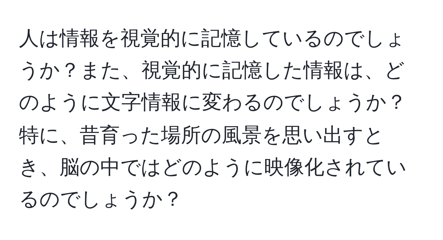 人は情報を視覚的に記憶しているのでしょうか？また、視覚的に記憶した情報は、どのように文字情報に変わるのでしょうか？特に、昔育った場所の風景を思い出すとき、脳の中ではどのように映像化されているのでしょうか？