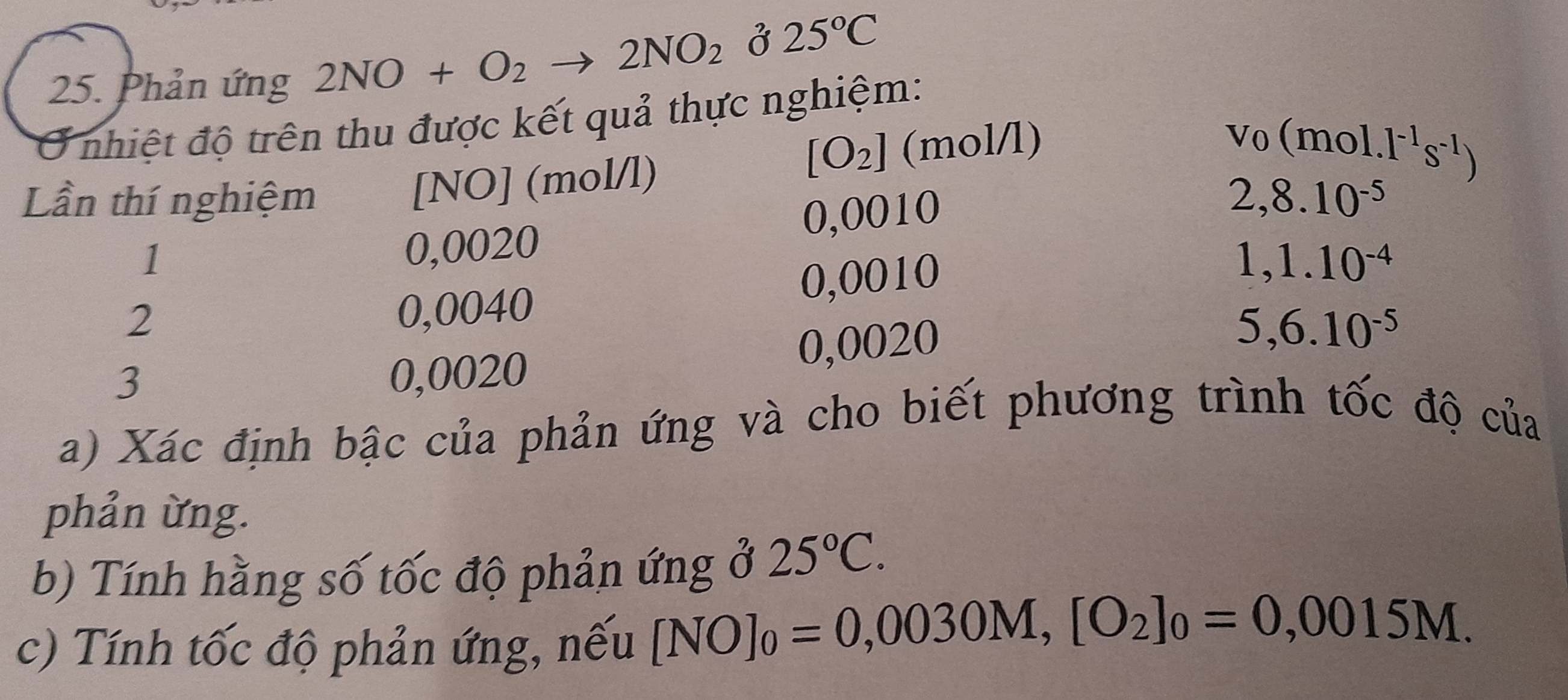 Phản ứng 2NO+O_2to 2NO_2 dot  25°C
nhiệt độ trên thu được kết quả thực nghiệm:
[O_2] (mol/l)
Lần thí nghiệm [NO] (mol/l) v_0(mol.l^(-1)s^(-1))
1
0,0020 0,0010
2,8.10^(-5)
1,1.10^(-4)
2
0,0040 0,0010
3 0,0020 0,0020
5,6.10^(-5)
a) Xác định bậc của phản ứng và cho biết phương trình tốc độ của 
phản ừng. 
b) Tính hằng số tốc độ phản ứng ở 25°C. 
c) Tính tốc độ phản ứng, nếu [NO]_0=0,0030M, [O_2]_0=0,0015M.