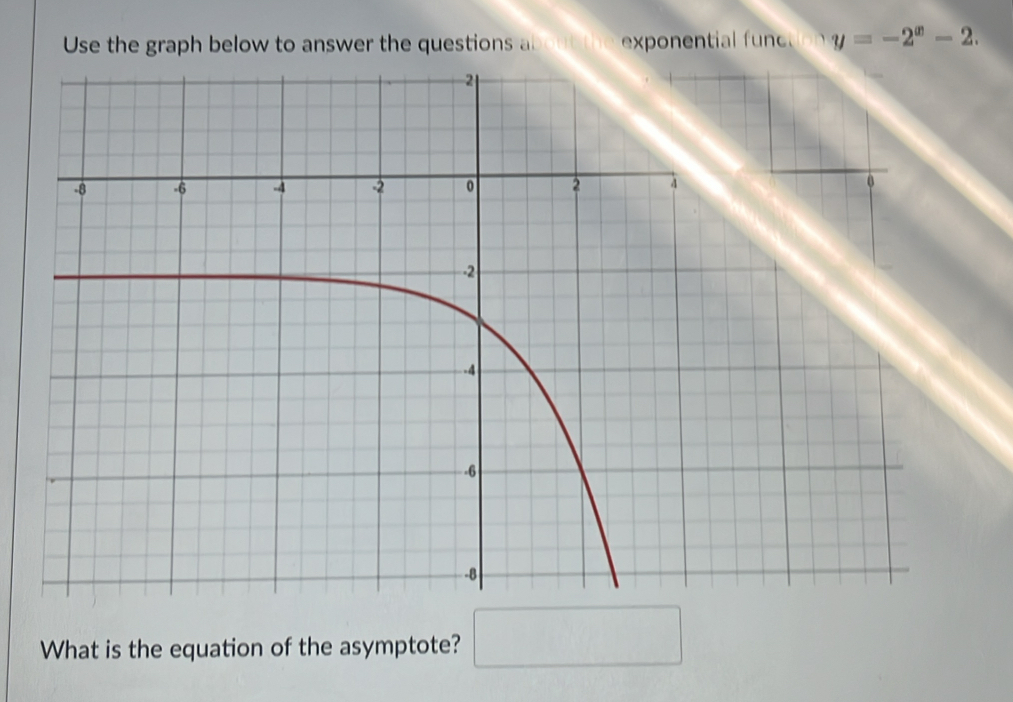 Use the graph below to answer the questions abou t exponential func y=-2^x-2. 
What is the equation of the asymptote? □