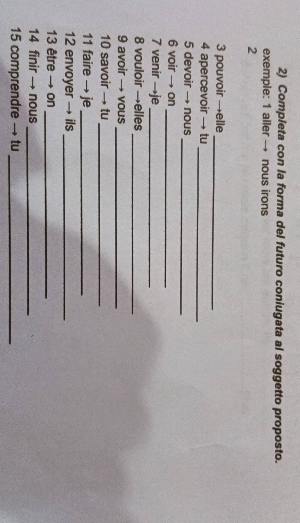Completa con la forma del futuro coniugata al soggetto proposto. 
exemple: 1 aller → nous irons 
2 
3 pouvoir →elle_ 
4 apercevoir → tu_ 
5 devoir → nous_ 
6 voir → on 
_ 
7 venir →je_ 
8 vouloir →elles_ 
9 avoir → vous_ 
10 savoir → tu_ 
11 faire → je_ 
12 envoyer → ils_ 
13 être → on_ 
14 finir → nous_ 
15 comprendre → tu_