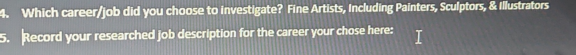 Which career/job did you choose to investigate? Fine Artists, Including Painters, Sculptors, & Illustrators 
5. Record your researched job description for the career your chose here: