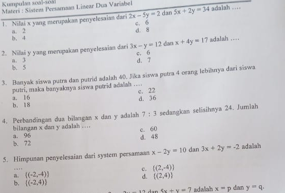 Kumpulan soal-soal
Materi : Sistem Persamaan Linear Dua Variabel
1. Nilai x yang merupakan penyelesaian dari 2x-5y=2 dan 5x+2y=34 adalah …
c. 6
a. 2 d. 8
b. 4
2. Nilai y yang merupakan penyelesaian dari 3x-y=12 dan x+4y=17 adalah ..
c. 6
a. 3
b. 5 d. 7
3. Banyak siswa putra dan putrid adalah 40. Jika siswa putra 4 orang lebihnya dari siswa
putri, maka banyaknya siswa putrid adalah …
a. 16 c. 22
b. 18 d. 36
4. Perbandingan dua bilangan x dan y adalah 7:3 sedangkan selisihnya 24. Jumlah
bilangan x dan y adalah …
a. 96 c. 60
b. 72 d. 48
5. Himpunan penyelesaian dari system persamaan x-2y=10 dan 3x+2y=-2 adalah
c.  (2,-4)
a.  (-2,-4)  (2,4)
d.
b.  (-2,4) dan y=q.
5x+y=7 adalah x=p