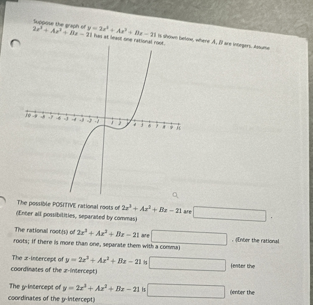 Suppose the graph of Is shown below, where A, B are integers. Assume
2x^3+Ax^2+Bx-21 y=2x^3+Ax^2+Bx-21 has at least one rational root. 
The possible POSITIVE rational roots of 2x^3+Ax^2+Bx-21 are □ 
(Enter all possibilities, separated by commas) 
The rational root(s) of 2x^3+Ax^2+Bx-21 are □. (Enter the rational 
roots; if there is more than one, separate them with a comma) 
The x-intercept of y=2x^3+Ax^2+Bx-21 is □ (enter the 
coordinates of the x-intercept) 
The y-intercept of y=2x^3+Ax^2+Bx-21 is □ (enter the 
coordinates of the y-intercept)