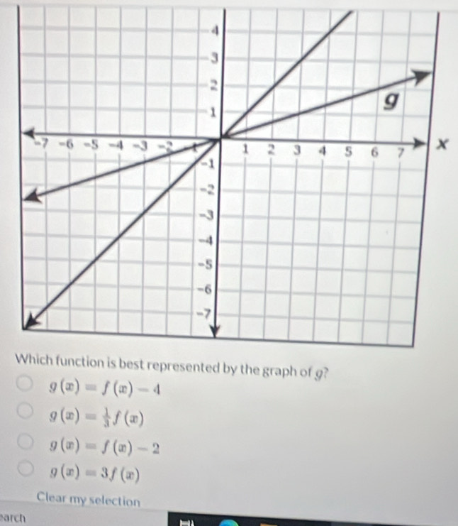 x
W
g(x)=f(x)-4
g(x)= 1/3 f(x)
g(x)=f(x)-2
g(x)=3f(x)
Clear my selection
arch