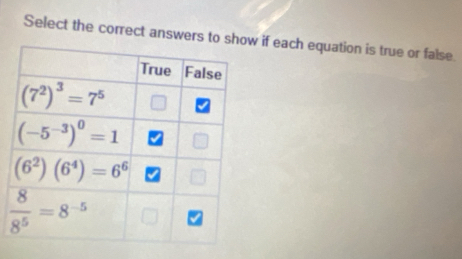 Select the correct answers to sh if each equation is true or false.