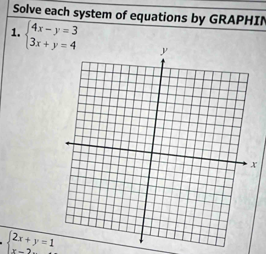 Solve each system of equations by GRAPHIN
1. beginarrayl 4x-y=3 3x+y=4endarray.
beginarrayl 2x+y=1 x-2yendarray.