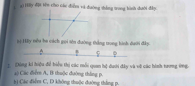 Hãy đặt tên cho các điểm và đường thẳng trong hình dưới đây. 
b) Hãy nêu ba cách gọi tên đường thẳng trong hình dưới đây. 
A 
B C D 
2. Dùng kí hiệu đề biểu thị các mối quan hệ dưới đây và vẽ các hình tương ứng. 
a) Các điểm A, B thuộc đường thẳng p. 
b) Các điểm C, D không thuộc đường thẳng p.