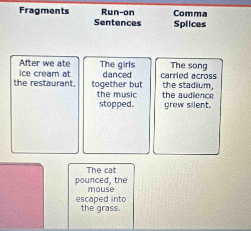 Fragments Run-on Comma 
Sentences Splices 
After we ate The girls The song 
ice cream at danced carried across 
the restaurant. together but the stadium, 
the music the audience 
stopped. grew silent. 
The cat 
pounced, the 
mouse 
escaped into 
the grass.