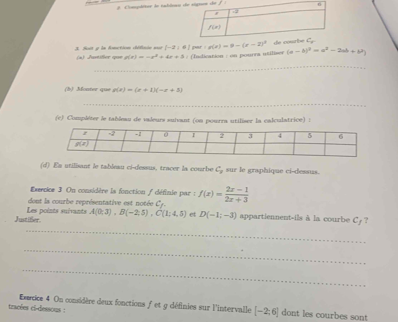 Compléter le tableau d
3. Soit 9 la fonction définie sur [-2;6] par :g(x)=9-(x-2)^2
(a) Justifier que g(x)=-x^2+4x+5; (Indication : on pourra utiliser (a-b)^2=a^2-2ab+b^2)
_
_
(b) Monter que g(x)=(x+1)(-x+5)
_
_
(c) Compléter le tableau de valeurs suivant (on pourra utiliser la calculatrice) :
(d) En utilisant le tableau ci-dessus, tracer la courbe C_9 sur le graphique ci-dessus.
Exercice 3 On considère la fonction f définie par : f(x)= (2x-1)/2x+3 
dont la courbe représentative est notée C_f.
Les points suivants
Justifer. A(0;3),B(-2;5),C(1;4,5) et D(-1;-3) appartiennent-ils à la courbe C ?
_
_
_
Execice 4 On considère deux fonctions f et g définies sur l'intervalle [-2;6] dont les courbes sont
tracées ci dessous :