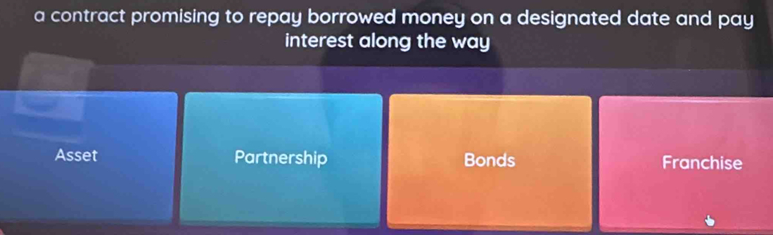 a contract promising to repay borrowed money on a designated date and pay
interest along the way
Asset Partnership Bonds Franchise