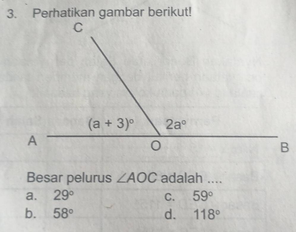 Perhatikan gambar berikut!
Besar pelurus ∠ AOC adalah ....
a. 29° C. 59°
b. 58° d. 118°