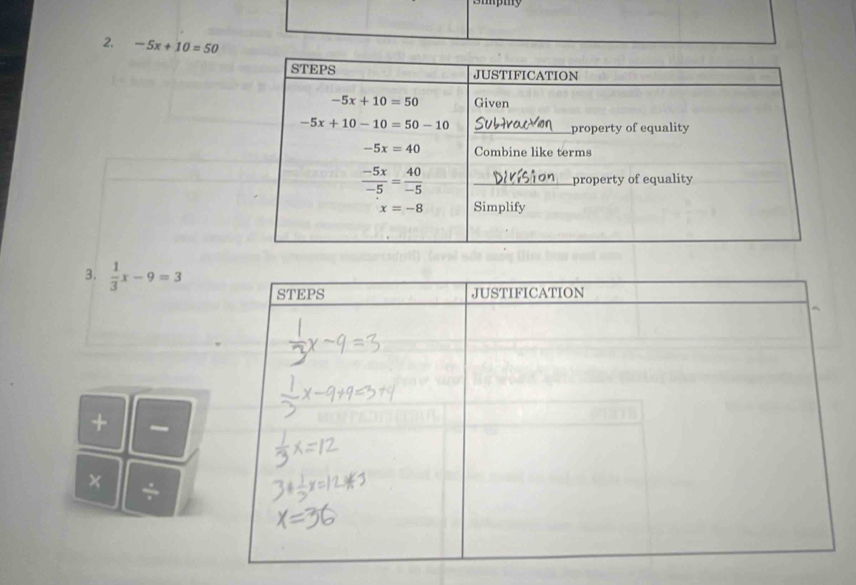 -5x+10=50
3.  1/3 x-9=3
+
× ÷