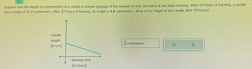 Suppose that the height (in centimeters) of a candle is a linear function of the amount of time (in hours) it has been burning. After 13 hours of burning, a candle 
has a height of 13.2 centimeters. After 27 hours of burning, its height is 4.8 centimeters. What is the height of the candle after 15 hours? 
C 
hcentimeters × 5
( 
(in hours)