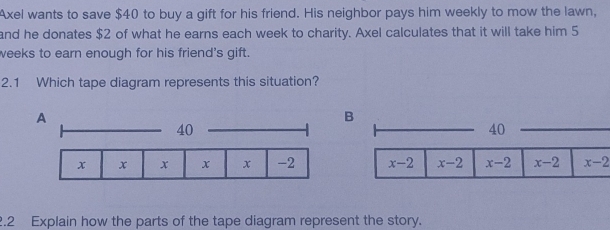 Axel wants to save $40 to buy a gift for his friend. His neighbor pays him weekly to mow the lawn,
and he donates $2 of what he earns each week to charity. Axel calculates that it will take him 5
weeks to earn enough for his friend's gift.
2.1 Which tape diagram represents this situation?
B
40
x-2 x-2 x-2 x-2 x-2
2.2 Explain how the parts of the tape diagram represent the story.