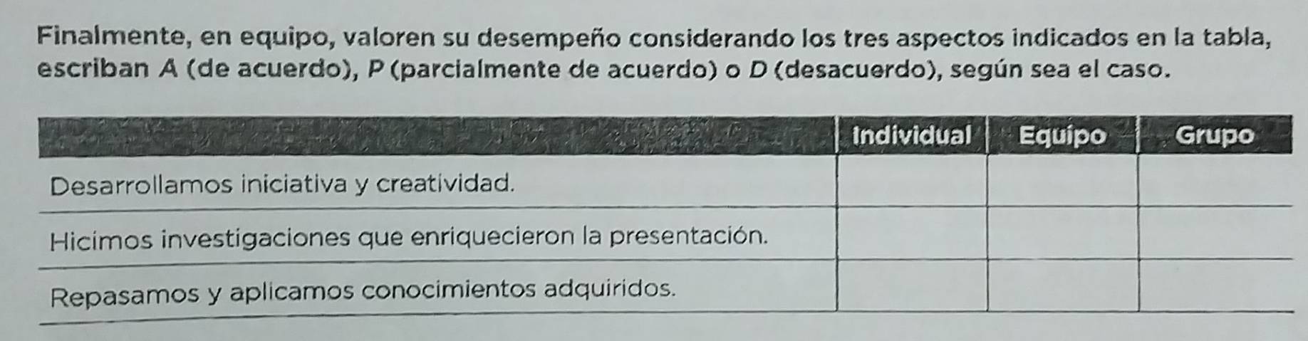 Finalmente, en equipo, valoren su desempeño considerando los tres aspectos indicados en la tabla, 
escriban A (de acuerdo), P (parcialmente de acuerdo) o D (desacuerdo), según sea el caso.