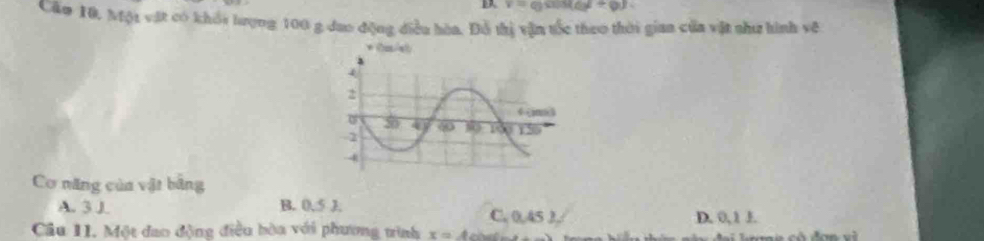 v=qto cos (omega t+varphi t
Căo 10. Một vật có khổi lượng 100 g dao động điều hòa. Đỗ thị vận tốc theo thời gian của vật như hình về
* Caist
Cơ năng của vật bằng
A. 3 J B. 0, 5 J. C. 0, 45 3, D. 0, 1 1.
Câu 11. Một đao động điều bòa với phương tình x=A