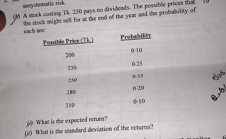 unsystematic risk. 
() A stock costing Tk. 250 pays no dividends. The possible prices that 10
the stock might sell for at the end of the year and the probability of 
eac 
elud 
(i) What is the expected return? 
(ii) What is the standard deviation of the returns?