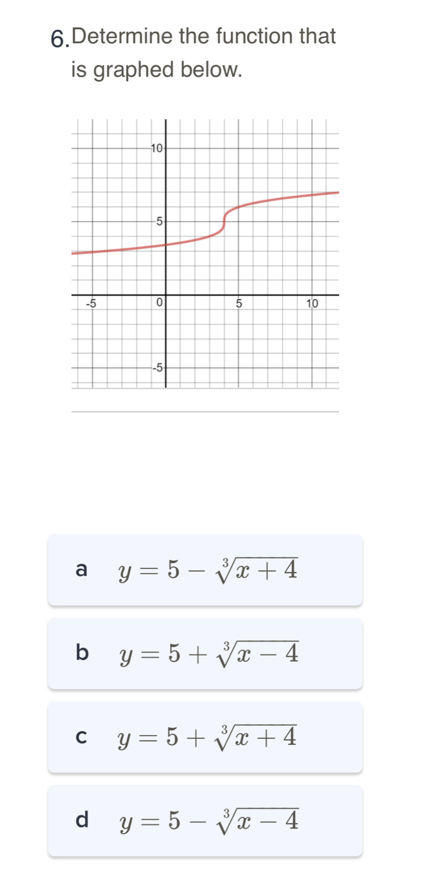 Determine the function that
is graphed below.
a y=5-sqrt[3](x+4)
b y=5+sqrt[3](x-4)
C y=5+sqrt[3](x+4)
d y=5-sqrt[3](x-4)