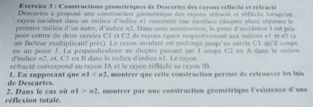 Constructions géométriques de Descartes des rayons réfléchi et réfracté 
Descartes a proposé une construction géométrique des rayons réfracté et réfléchi lorsqu'un 
rayon incident dans un milieu d'indice #l rencontre une interface (dioptre plan) séparant le 
premier milieu d'un autre, d'indice n2. Dans cette construction, le point d'incidence l est pris 
pour centre de deux cercles C1 et C2 de rayons éganx respectivement aux indices n1 et n2 (à 
un facteur multiplicatif près). Le rayon incident est prolongé jusqu'au cercle C1 qu'il coupe 
en un point J. La perpendiculaire au dioptre passant par 3 coupe C2 en A dans le milieu 
d'indice # 2, et, C1 en B dans le milieu d'indice #1. Le rayon 
réfracté correspond au rayon IA et le rayon réfléchi au rayon IB 
1. En supposant que n1 , montrer que cette construction permet de retrouver les lois 
de Descartes. 
2. Dans le cas où n1>n2 , montrer par une construction géométrique l'existence d'une 
réflexion totale.