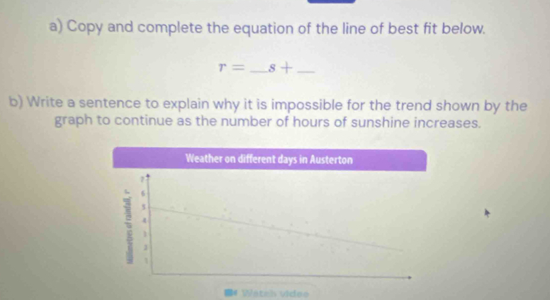 Copy and complete the equation of the line of best fit below.
r= _ s+ _
b) Write a sentence to explain why it is impossible for the trend shown by the
graph to continue as the number of hours of sunshine increases.
Weather on different days in Austerton
6
5
1
1
1
Wäteh Videe