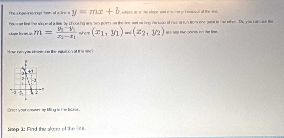 The slope-intercept form of a line is y=mx+b , where m is the slope and b is the y-intercept of the line. 
You can find the slope of a line by choosing any two points on the line and writing the ratio of rise to run from one point to the other. Or, you can use the 
slope formula m=frac y_2-y_1x_2-x_1 where (x_1,y_1) and (x_2,y_2) are any two points on the line. 
How can you determine the equation of this line? 
Enter your answer by filling in the boxes. 
Step 1: Find the slope of the line.