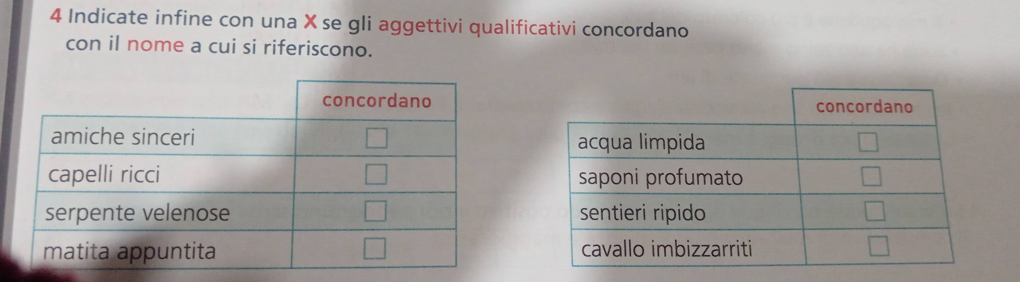 Indicate infine con una × se gli aggettivi qualificativi concordano
con il nome a cui si riferiscono.