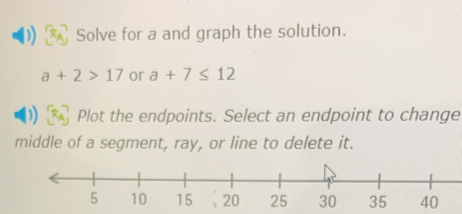 Solve for a and graph the solution.
a+2>17 or a+7≤ 12
Plot the endpoints. Select an endpoint to change 
middle of a segment, ray, or line to delete it.